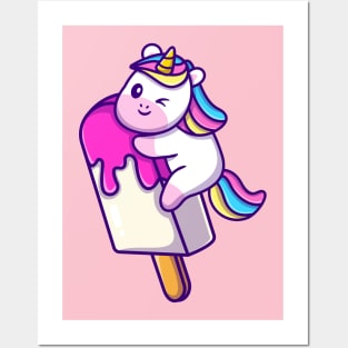 Cute Unicorn With Ice Cream Popsicle Cone Cartoon Posters and Art